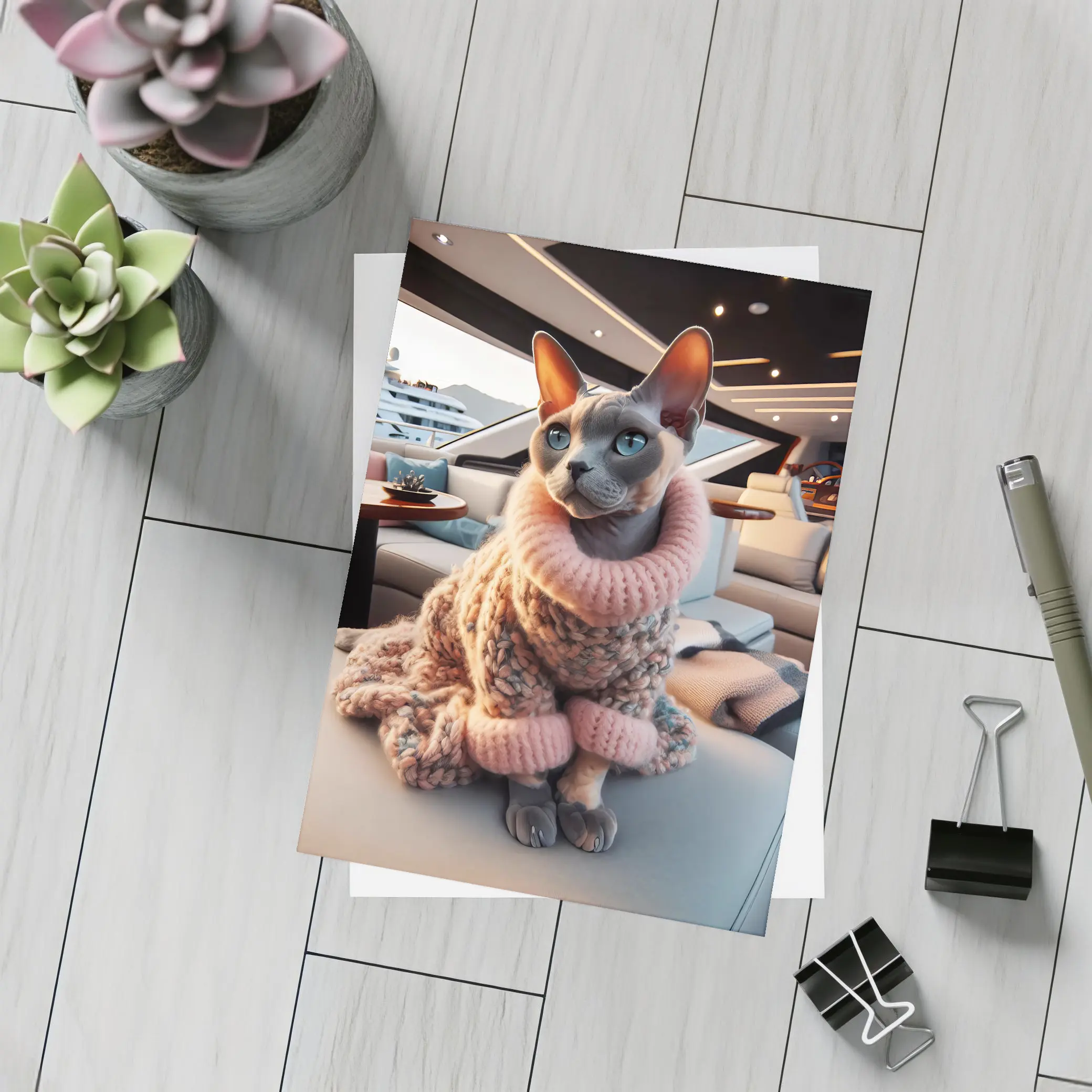 Sphynx Cat Cozy Sweater Luxury Yacht Interior – Postcards