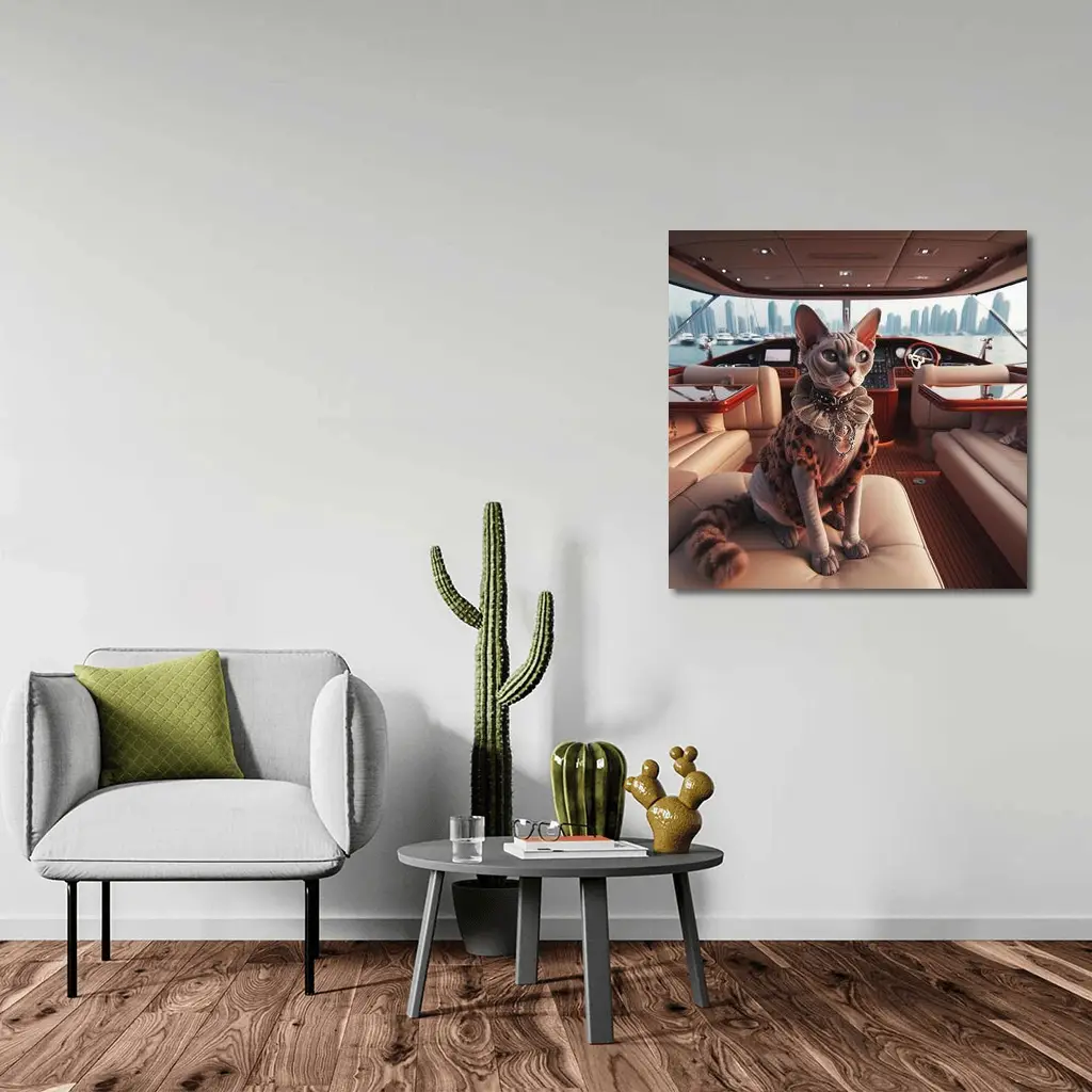 Sphynx Cat Wearing Fur Coat Luxury Yacht – Wall Art