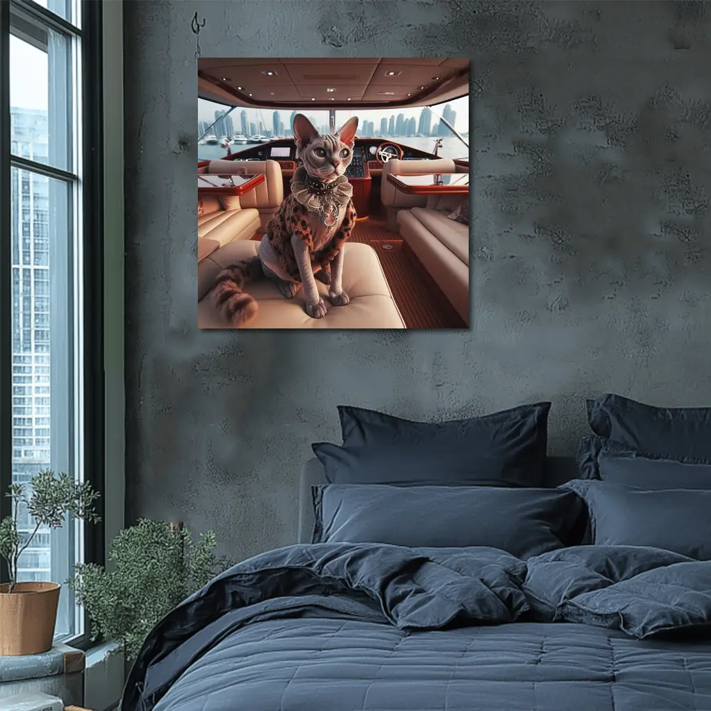 Sphynx Cat Wearing Fur Coat Luxury Yacht – Wall Art