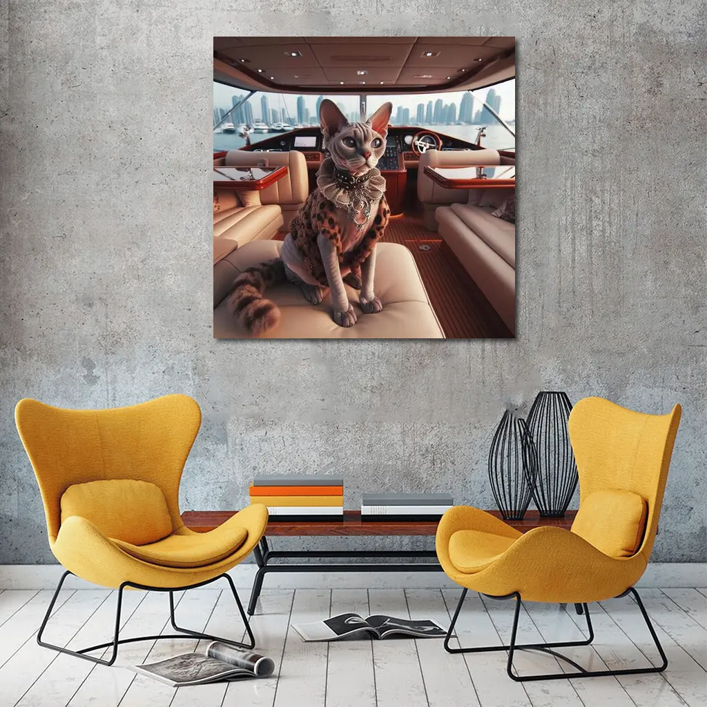 Sphynx Cat Wearing Fur Coat Luxury Yacht – Wall Art