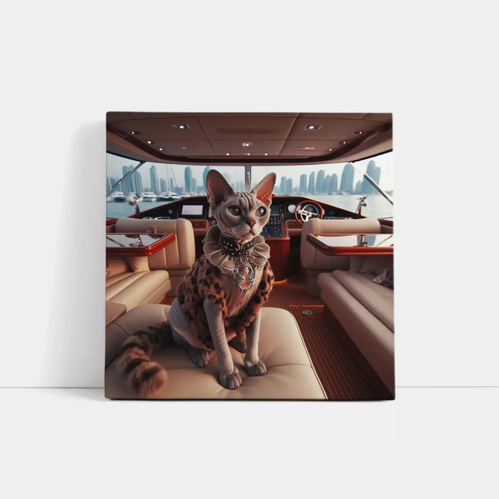 Sphynx Cat Wearing Fur Coat Luxury Yacht – Wall Art