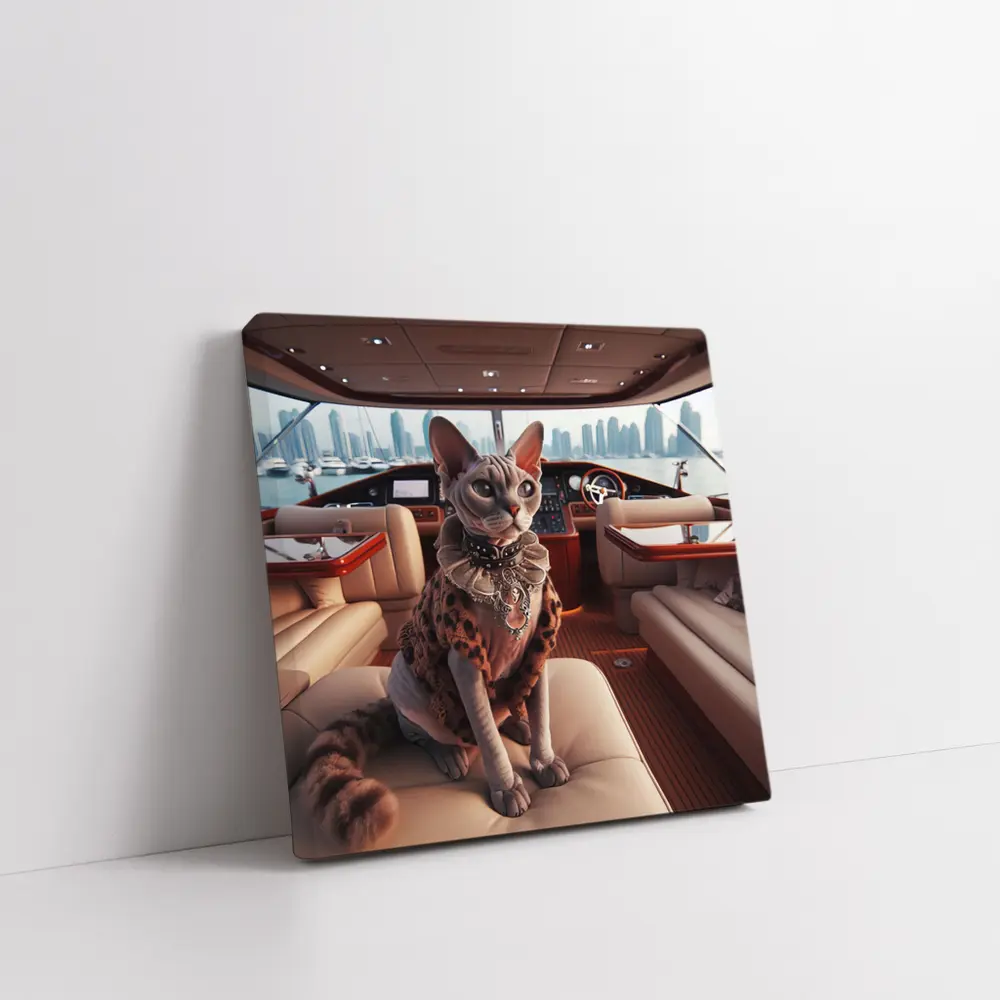 Sphynx Cat Wearing Fur Coat Luxury Yacht – Wall Art