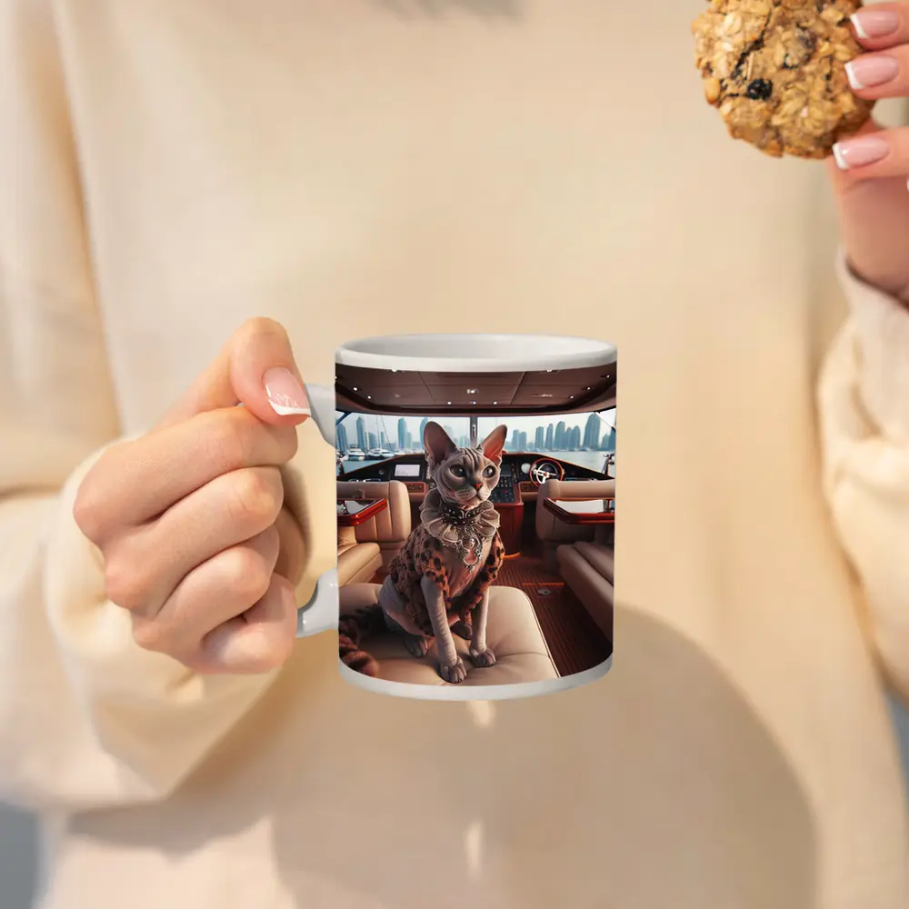 Sphynx Cat Wearing Fur Coat Luxury Yacht – Mugs