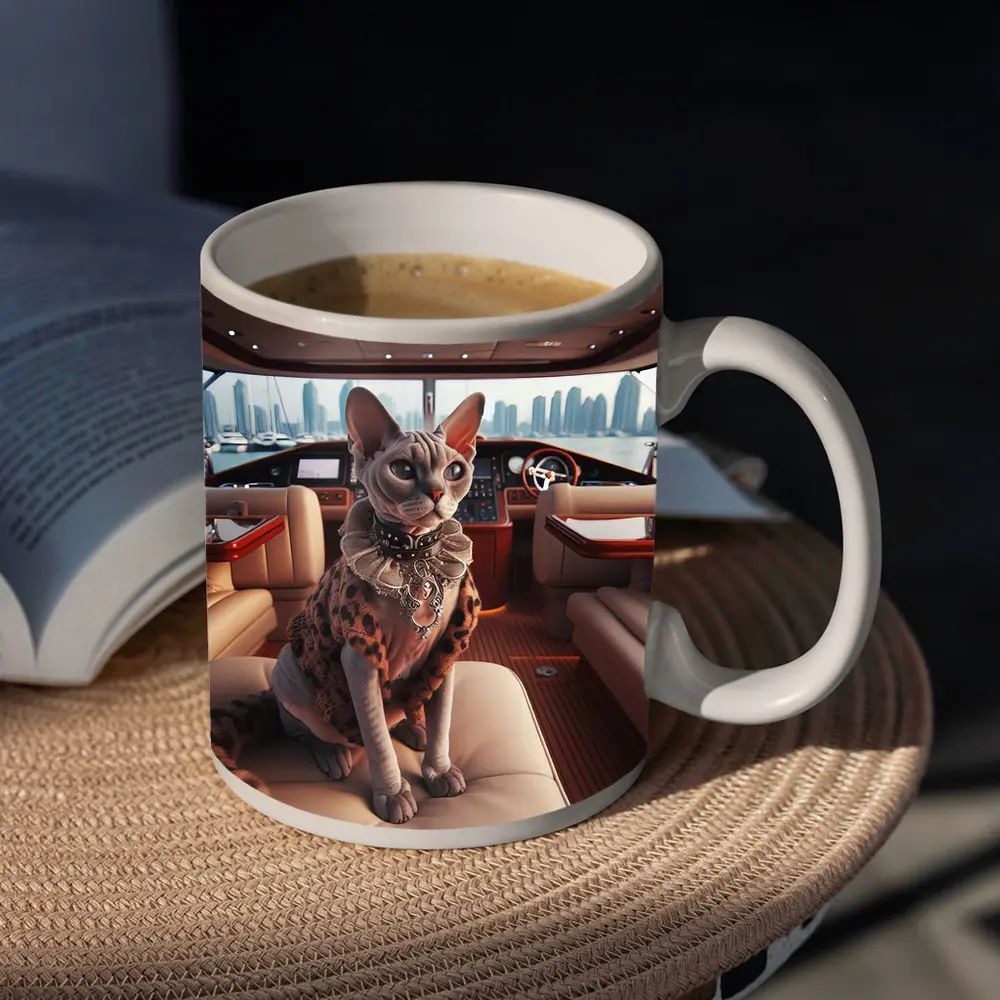 Sphynx Cat Wearing Fur Coat Luxury Yacht – Mugs