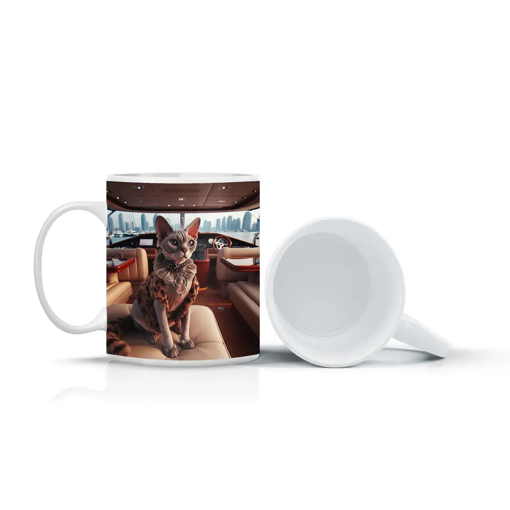 Sphynx Cat Wearing Fur Coat Luxury Yacht – Mugs