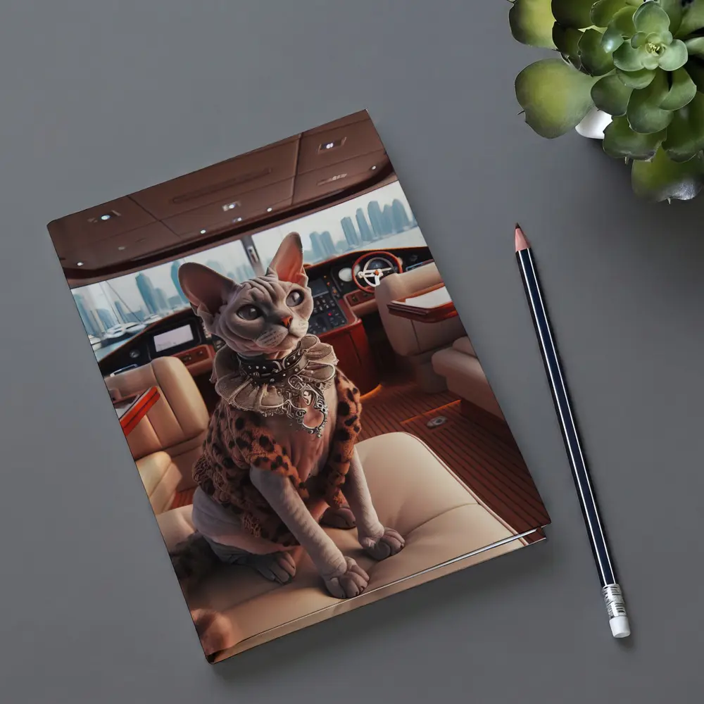 Sphynx Cat Wearing Fur Coat Luxury Yacht – Notebooks