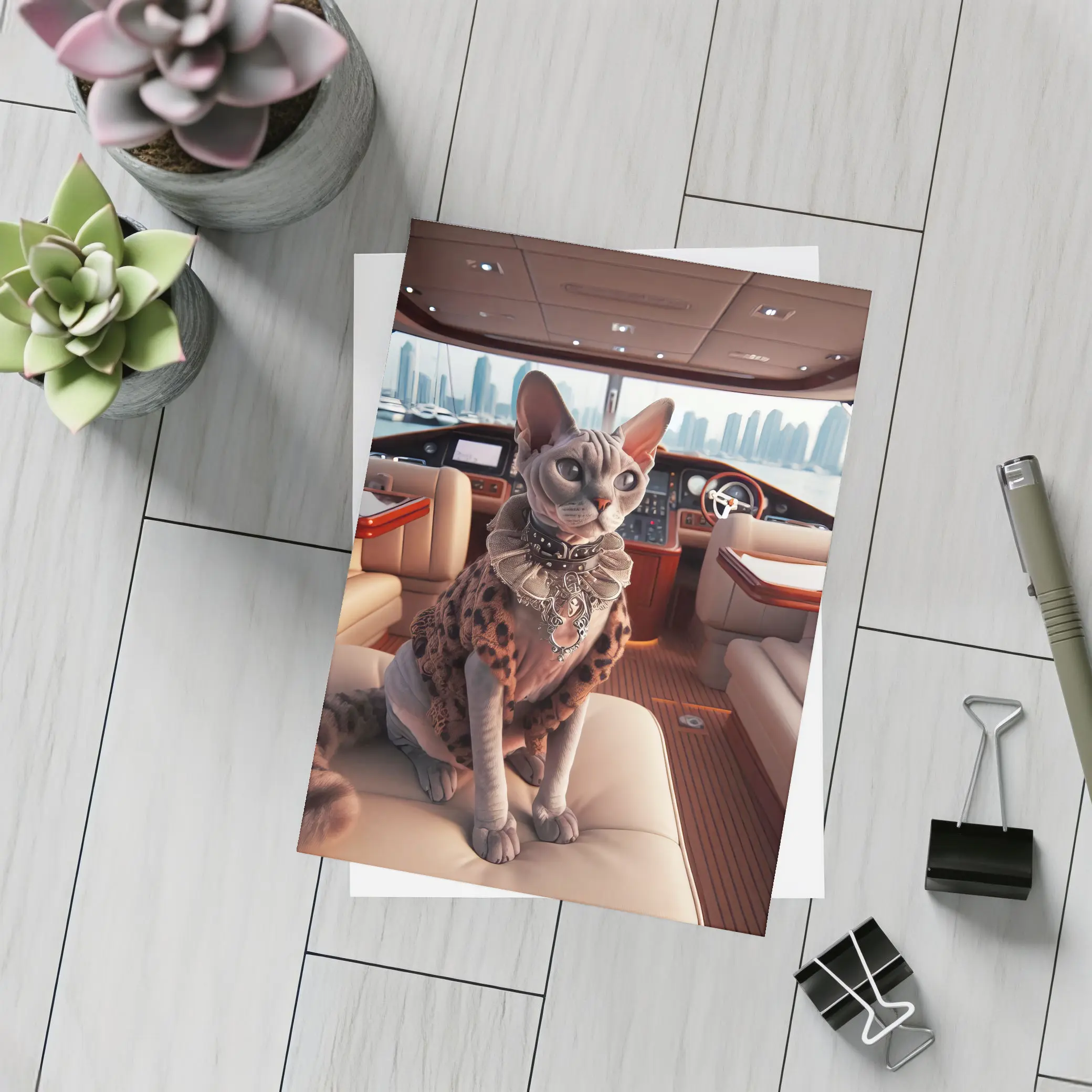 Sphynx Cat Wearing Fur Coat Luxury Yacht – Postcards