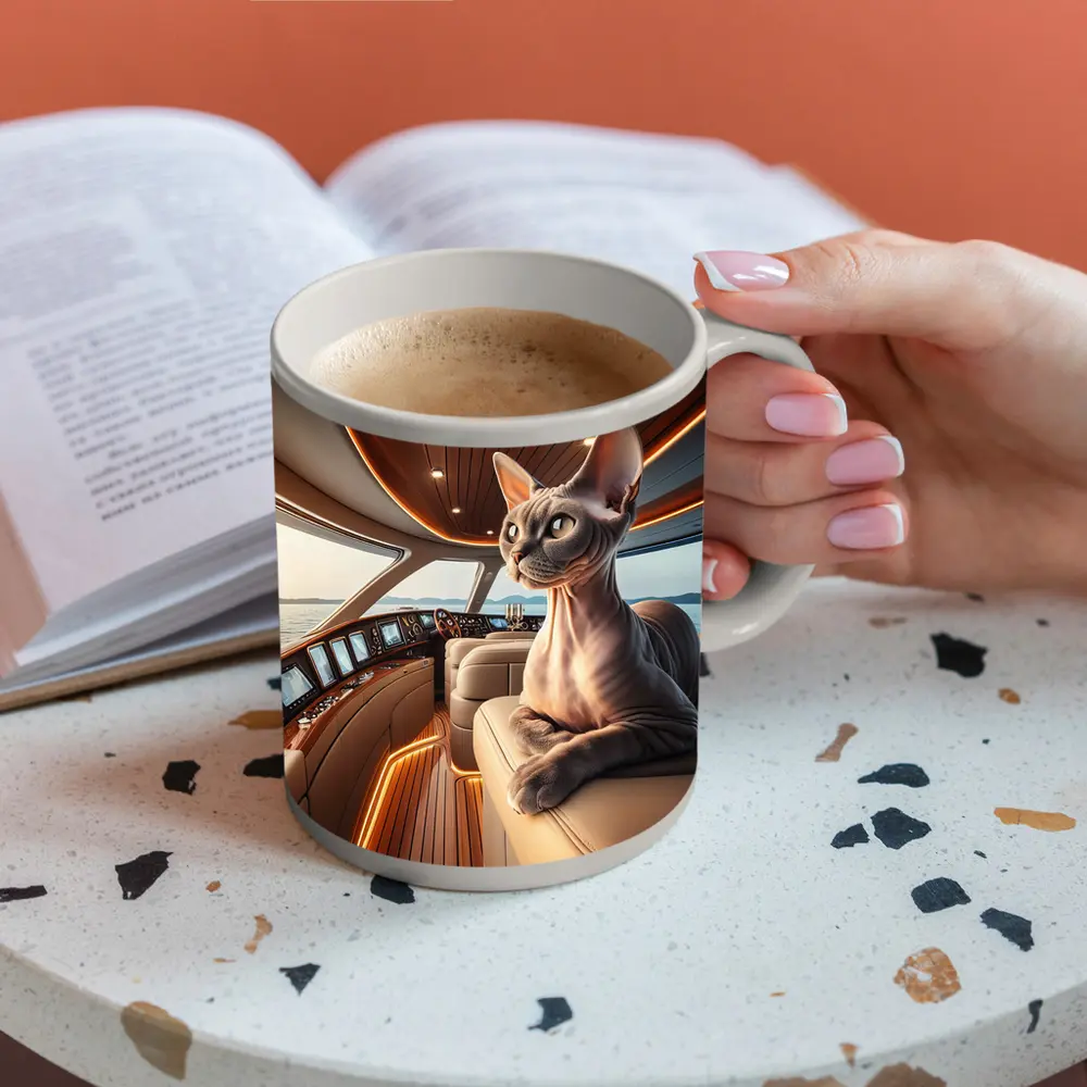 Sphynx Cat Relaxing Inside Luxury Yacht – Mugs