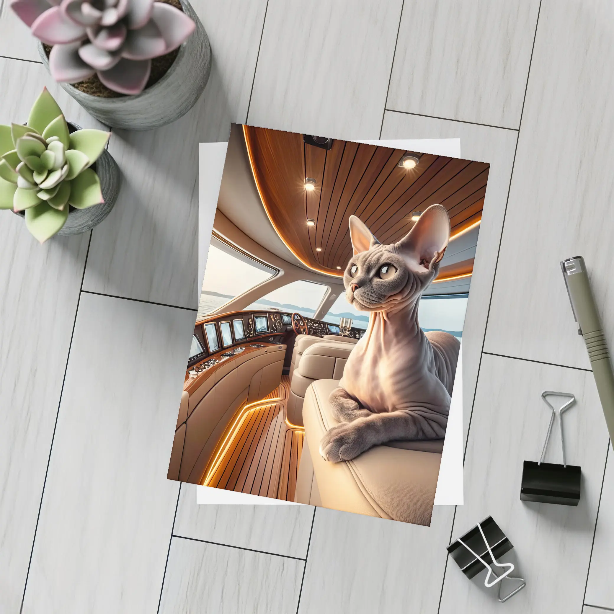 Sphynx Cat Relaxing Inside Luxury Yacht – Postcards