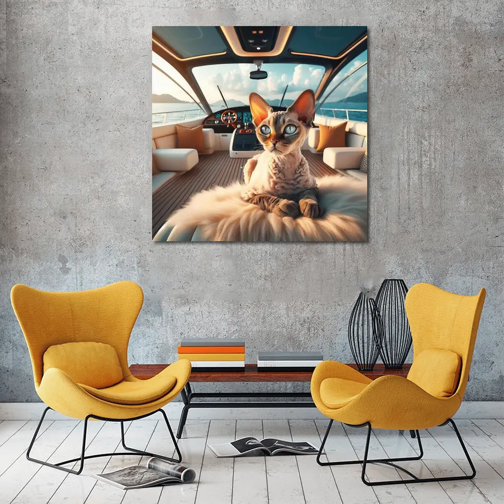 Devon Rex Cat Relaxing On Luxury Yacht – Wall Art