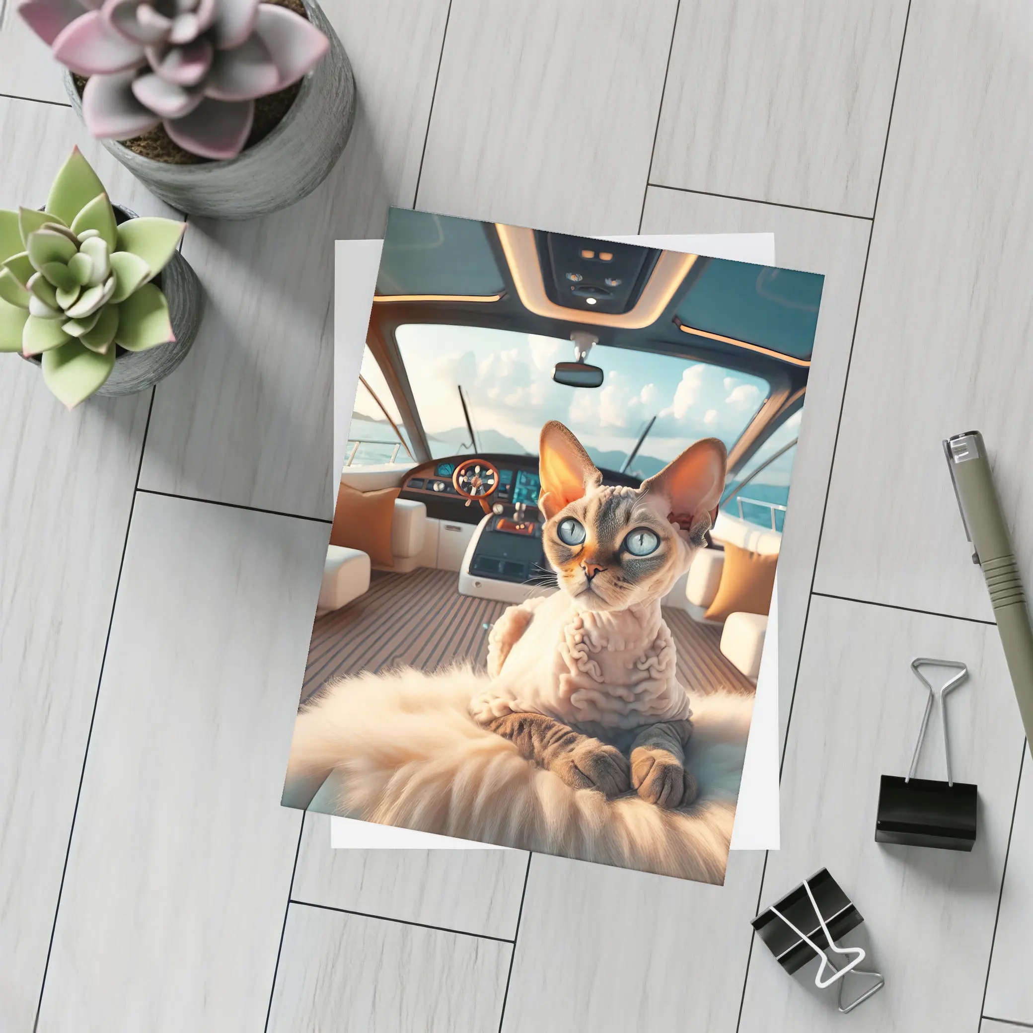 Devon Rex Cat Relaxing On Luxury Yacht – Postcards