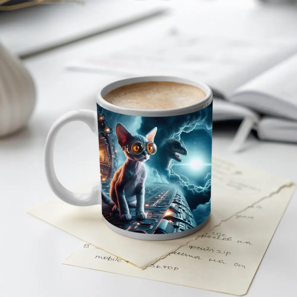 Devon Rex Cat Sci-Fi Space Portal Scene – Mugs