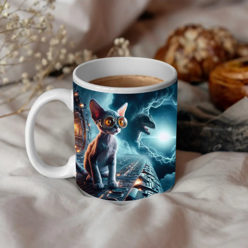 Devon Rex Cat Sci-Fi Space Portal Scene – Mugs