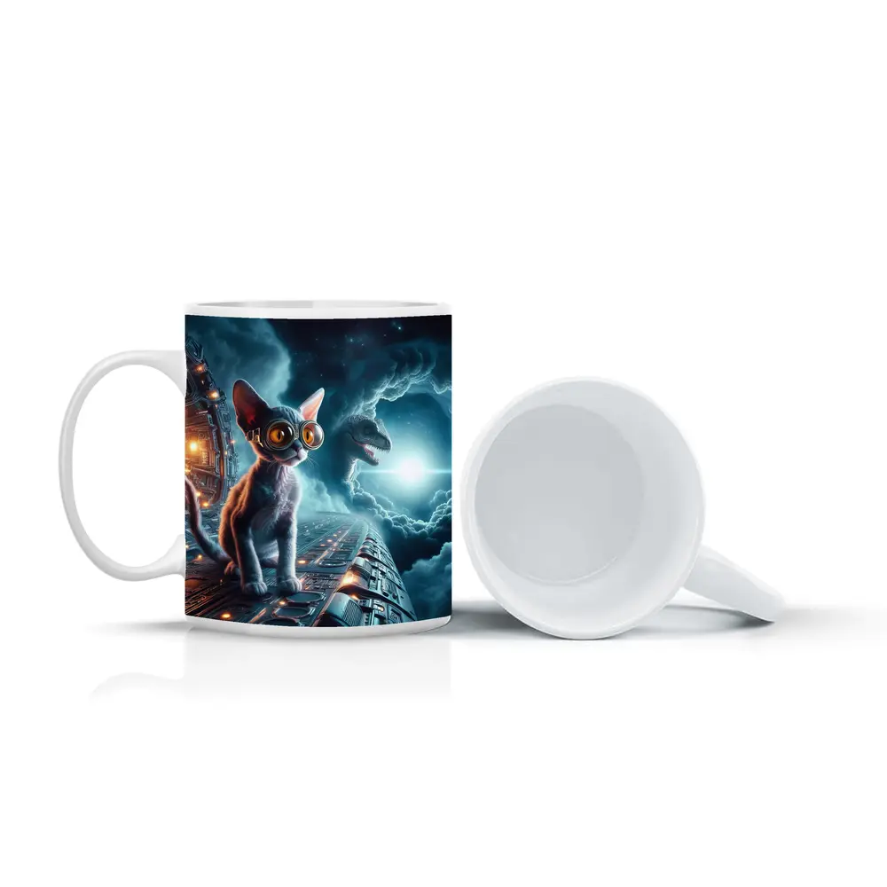 Devon Rex Cat Sci-Fi Space Portal Scene – Mugs