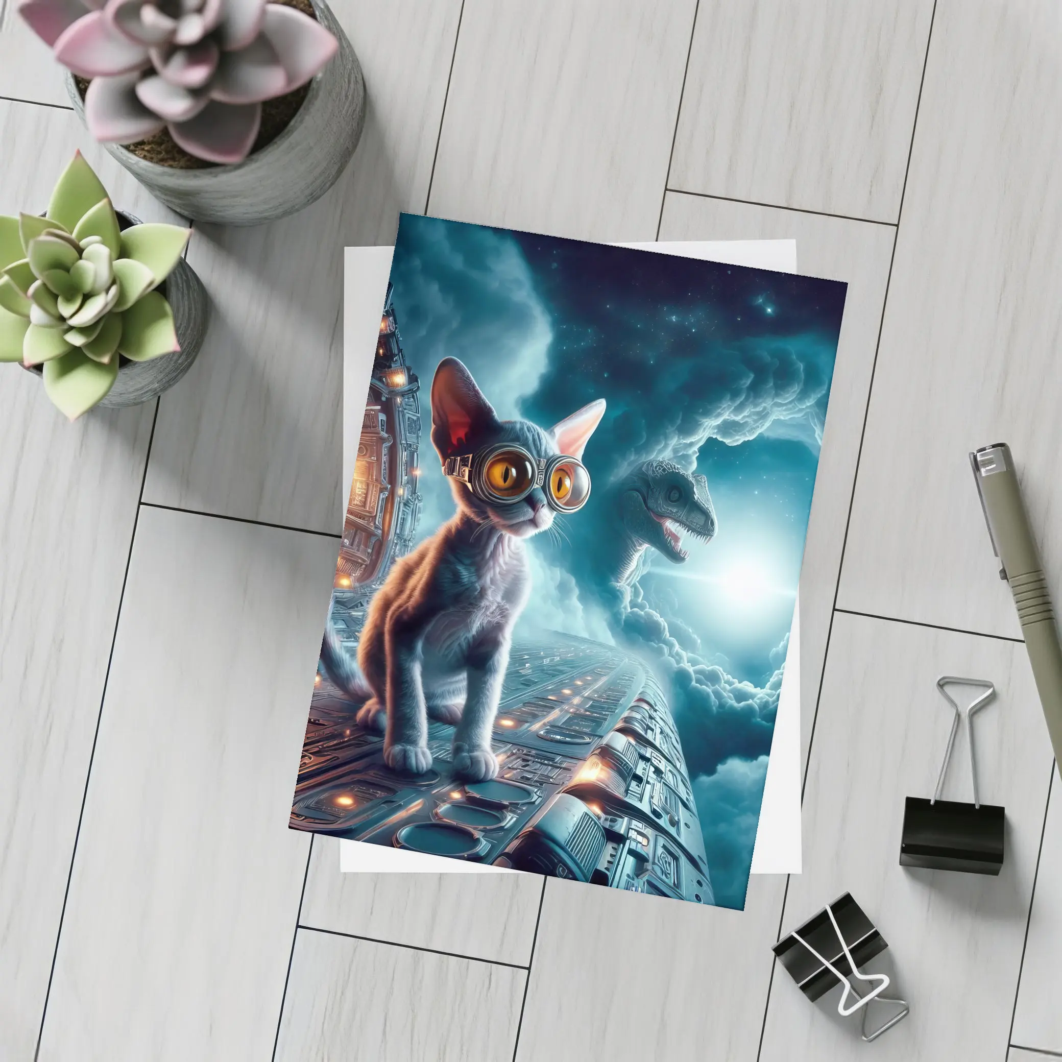 Devon Rex Cat Sci-Fi Space Portal Scene – Postcards