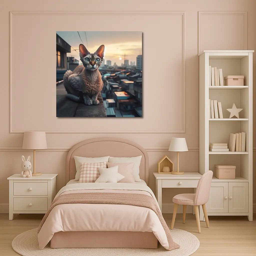 Devon Rex Cat Sitting On City Rooftop – Wall Art