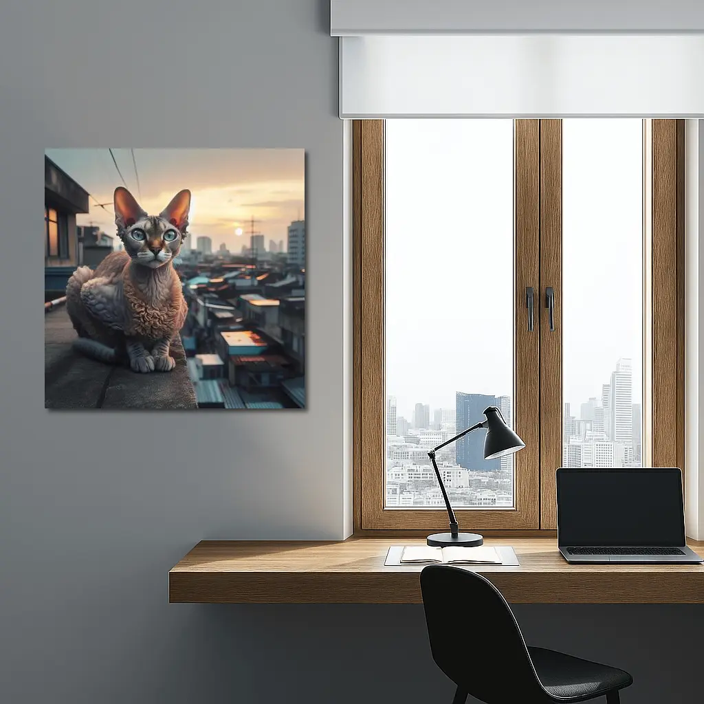 Devon Rex Cat Sitting On City Rooftop – Wall Art