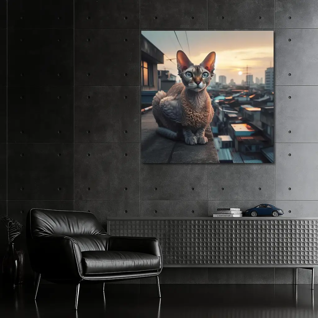 Devon Rex Cat Sitting On City Rooftop – Wall Art