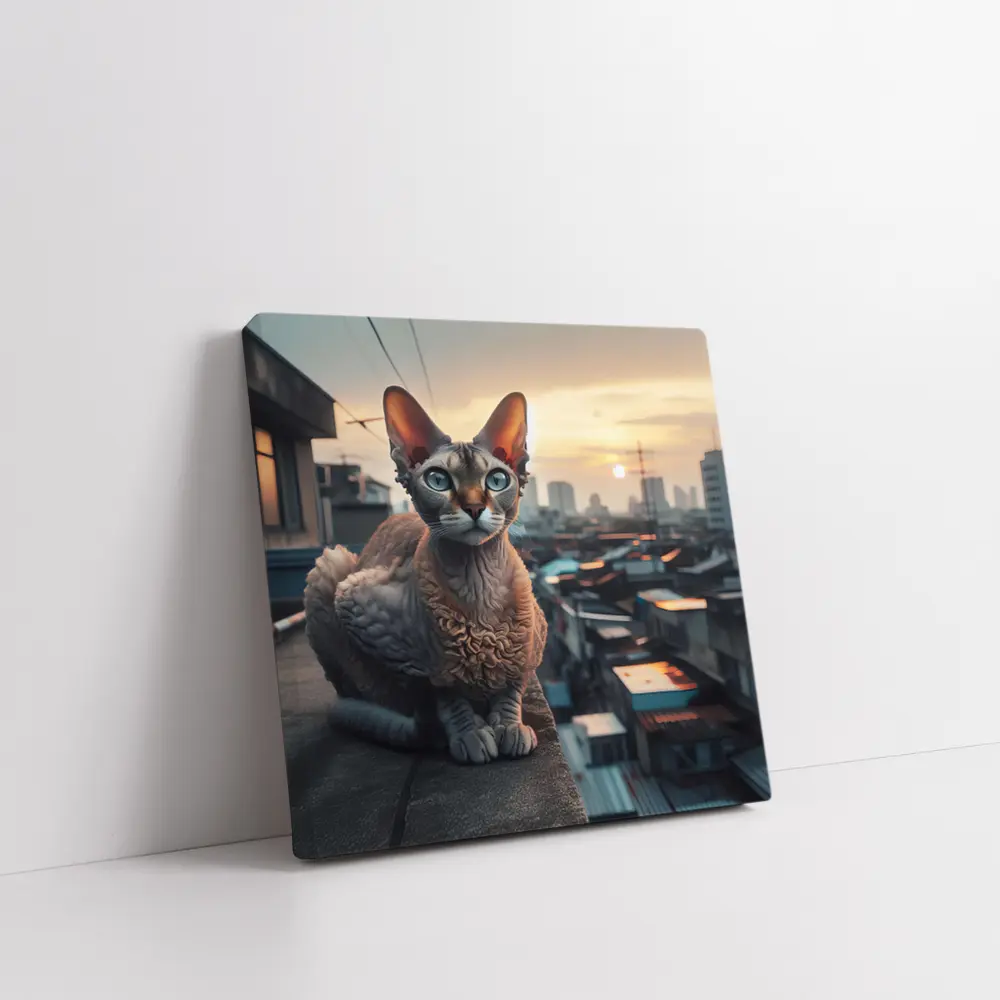 Devon Rex Cat Sitting On City Rooftop – Wall Art