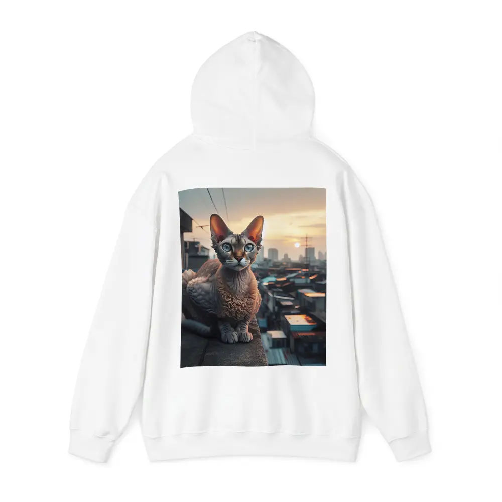 Devon Rex Cat Sitting On City Rooftop – Hoodies