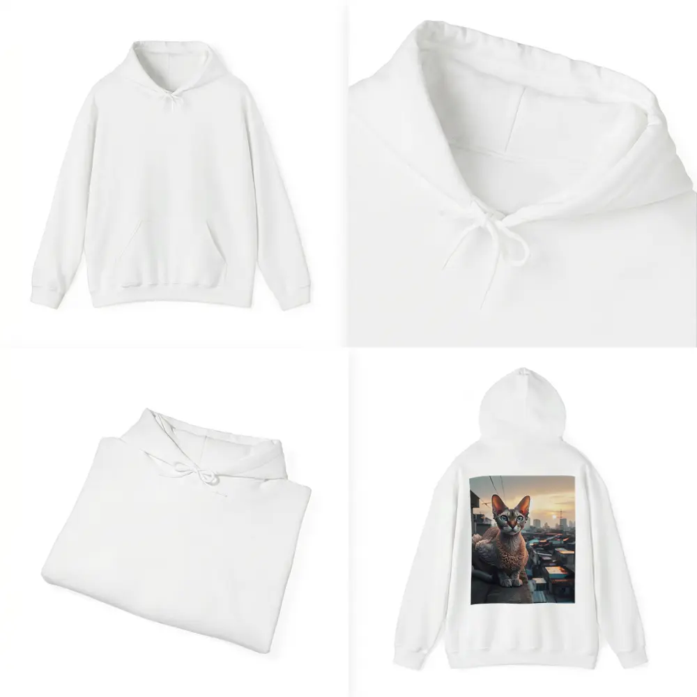 Devon Rex Cat Sitting On City Rooftop – Hoodies