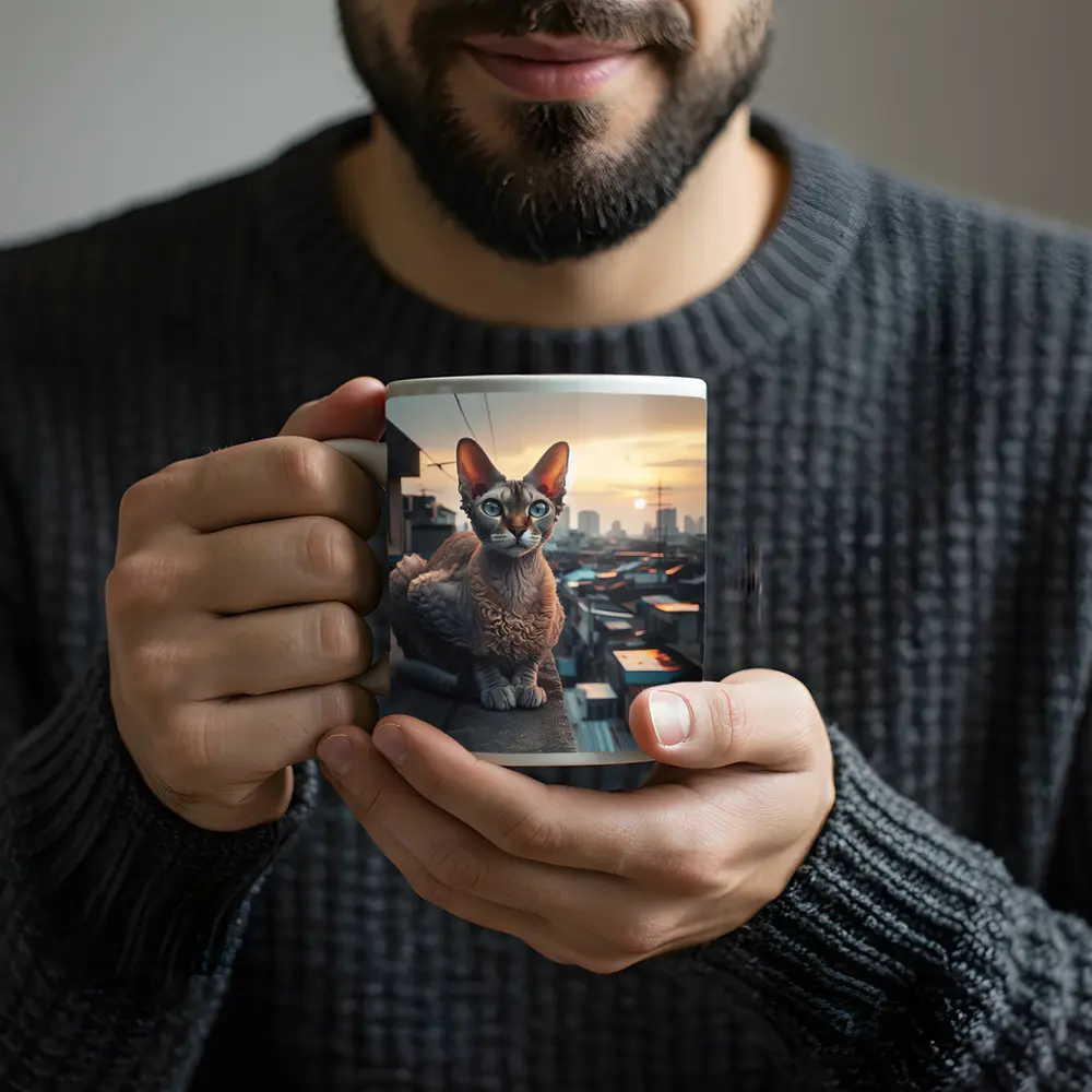 Devon Rex Cat Sitting On City Rooftop – Mugs