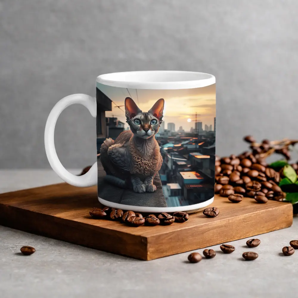 Devon Rex Cat Sitting On City Rooftop – Mugs