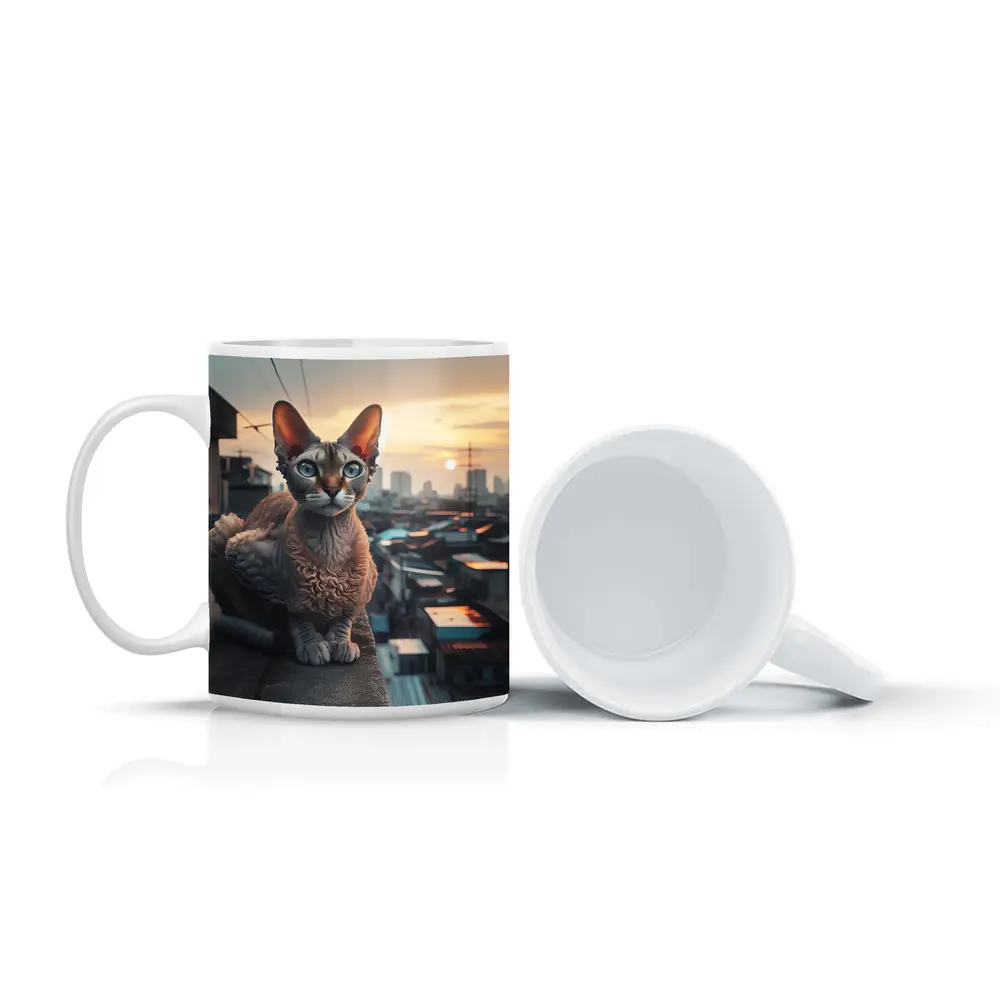 Devon Rex Cat Sitting On City Rooftop – Mugs