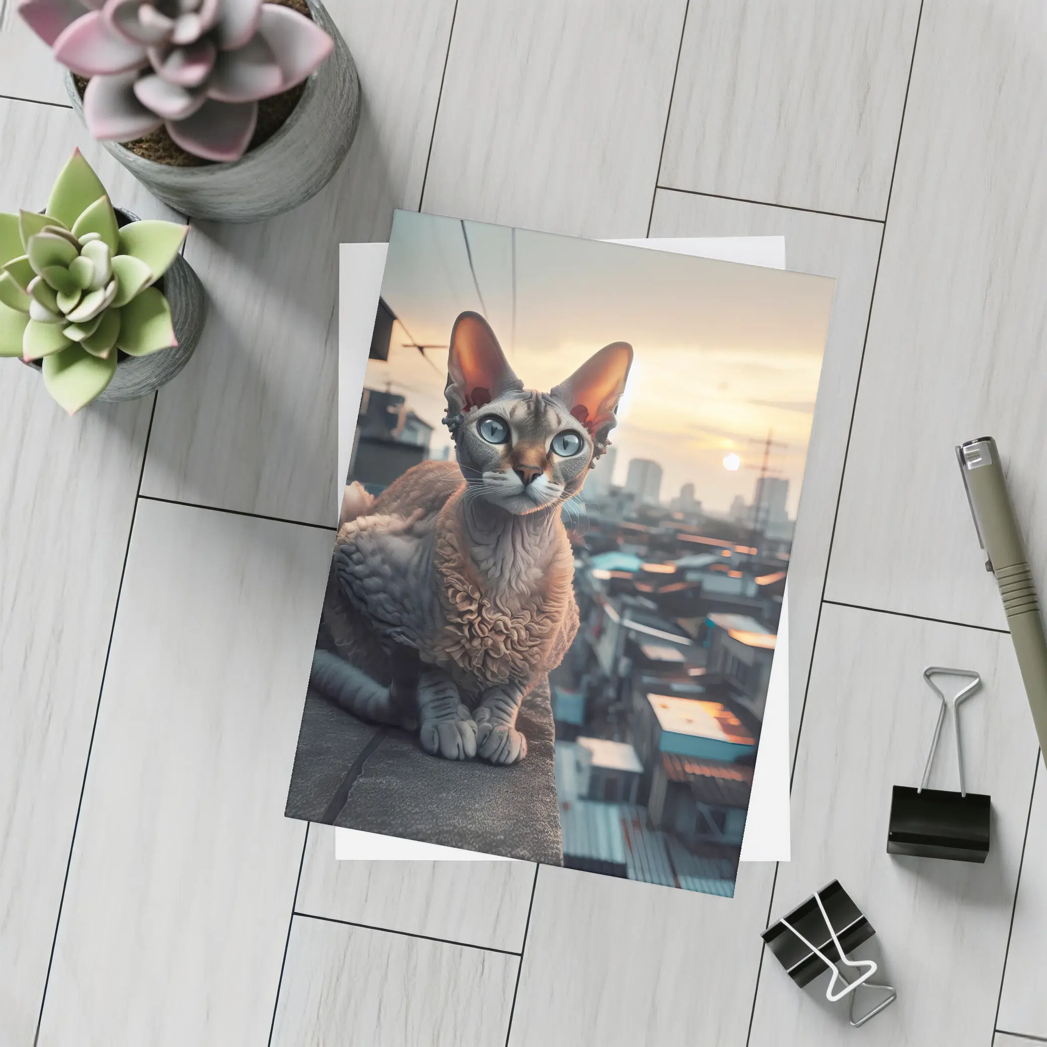 Devon Rex Cat Sitting On City Rooftop – Postcards