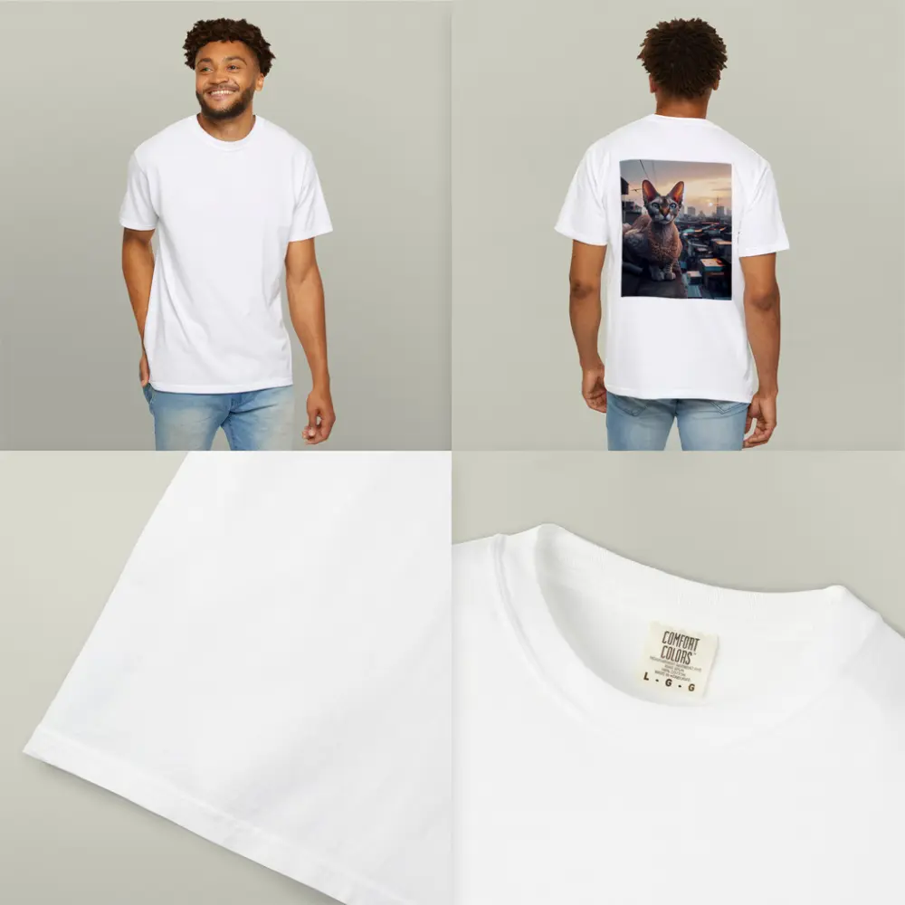 Devon Rex Cat Sitting On City Rooftop – T-Shirts