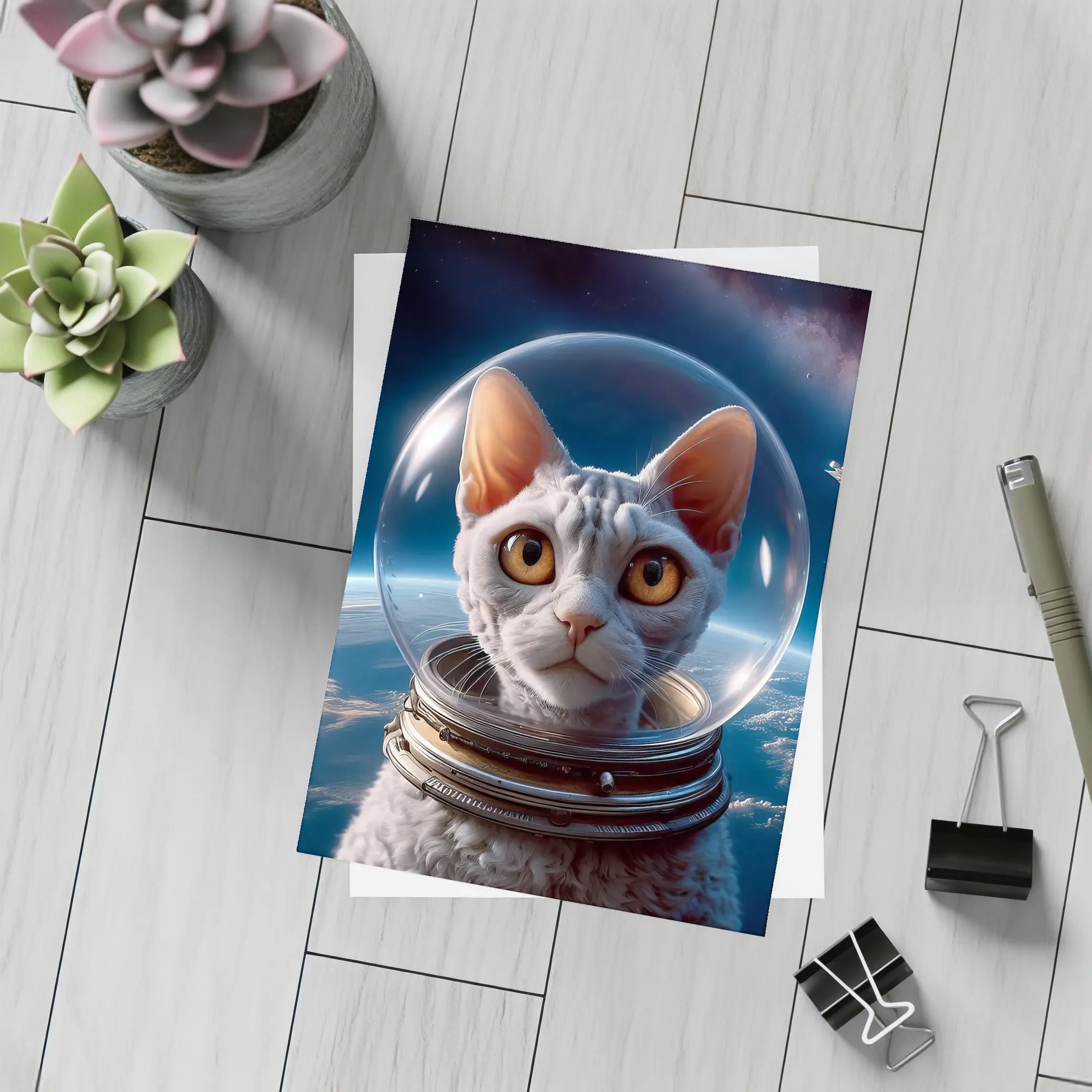 White Cat Astronaut Helmet Deep Space – Postcards