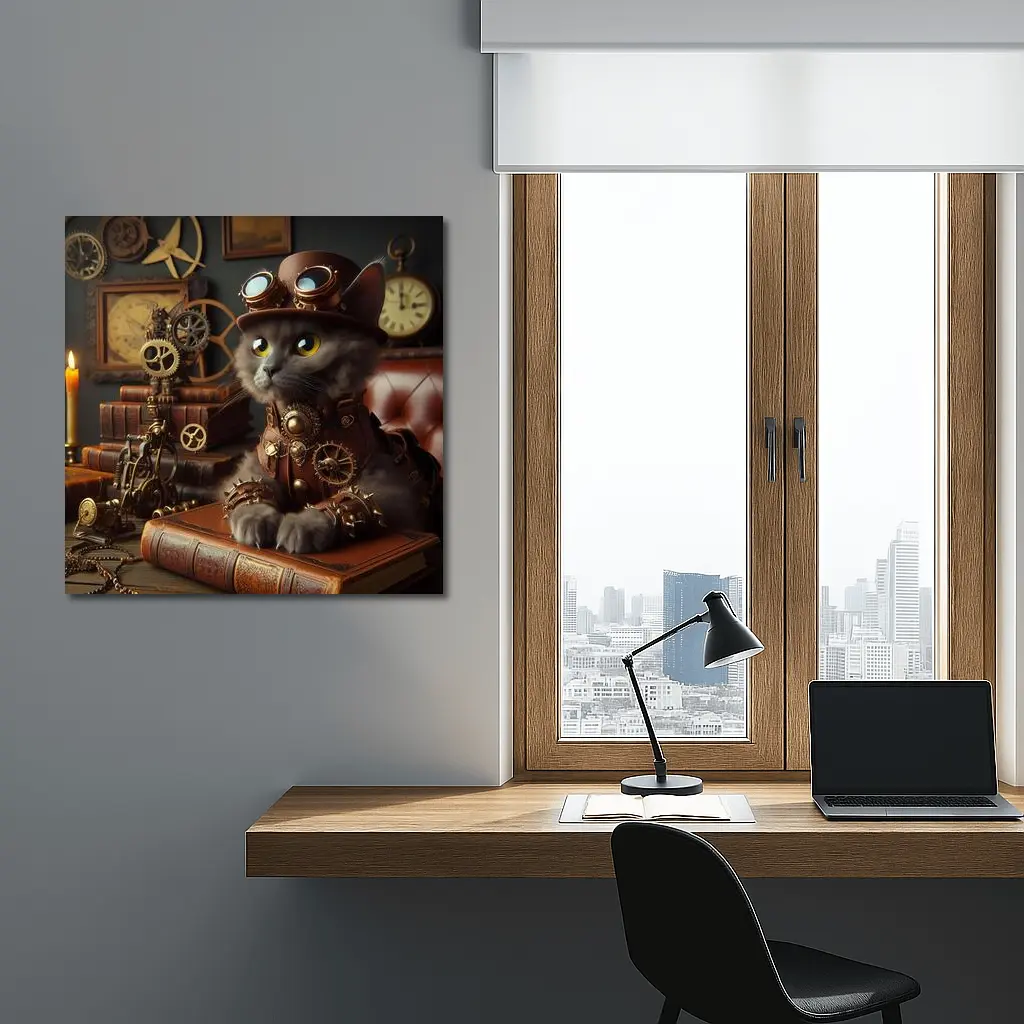Gray Cat Steampunk Gears Vintage Study – Wall Art