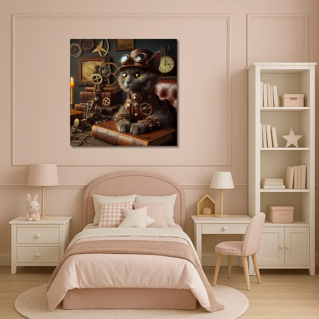 Gray Cat Steampunk Gears Vintage Study – Wall Art