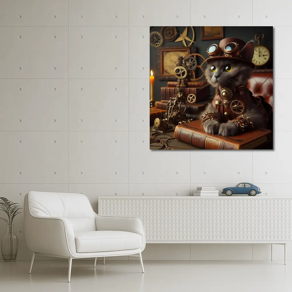 Gray Cat Steampunk Gears Vintage Study – Wall Art
