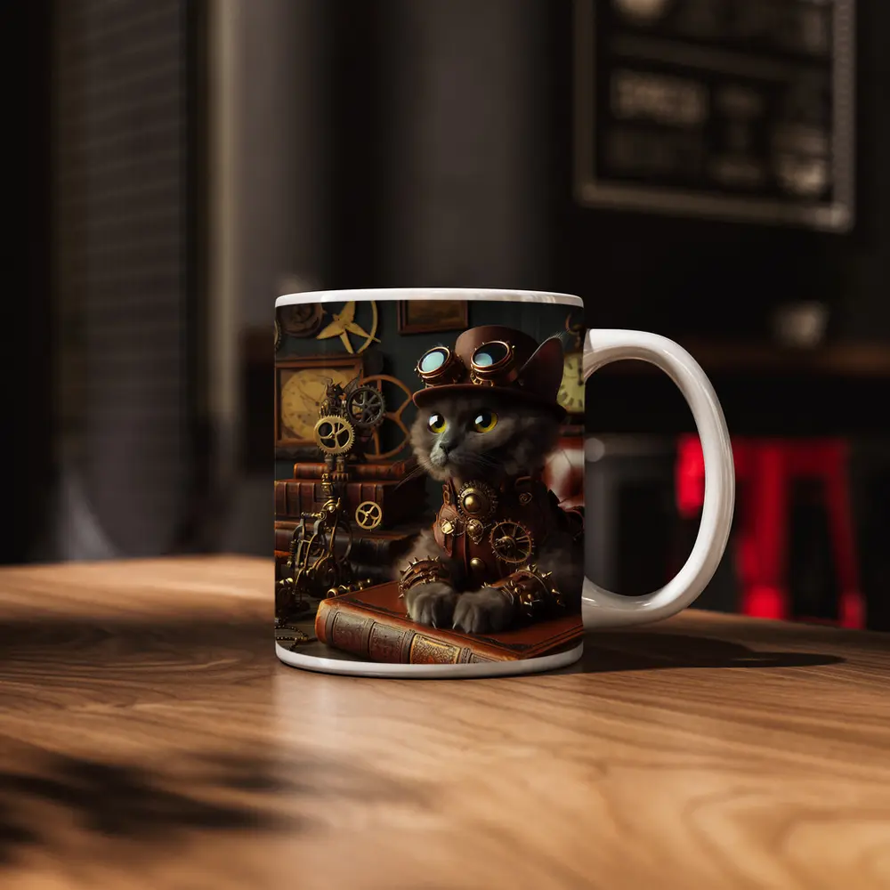 Gray Cat Steampunk Gears Vintage Study – Mugs