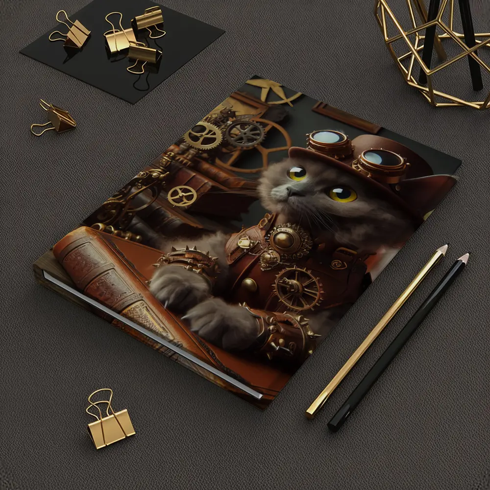 Gray Cat Steampunk Gears Vintage Study – Notebooks