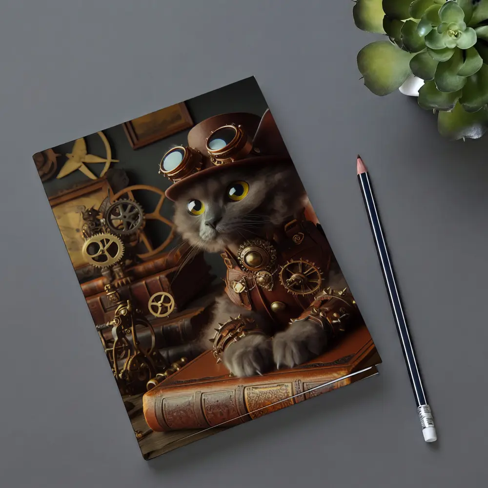 Gray Cat Steampunk Gears Vintage Study – Notebooks