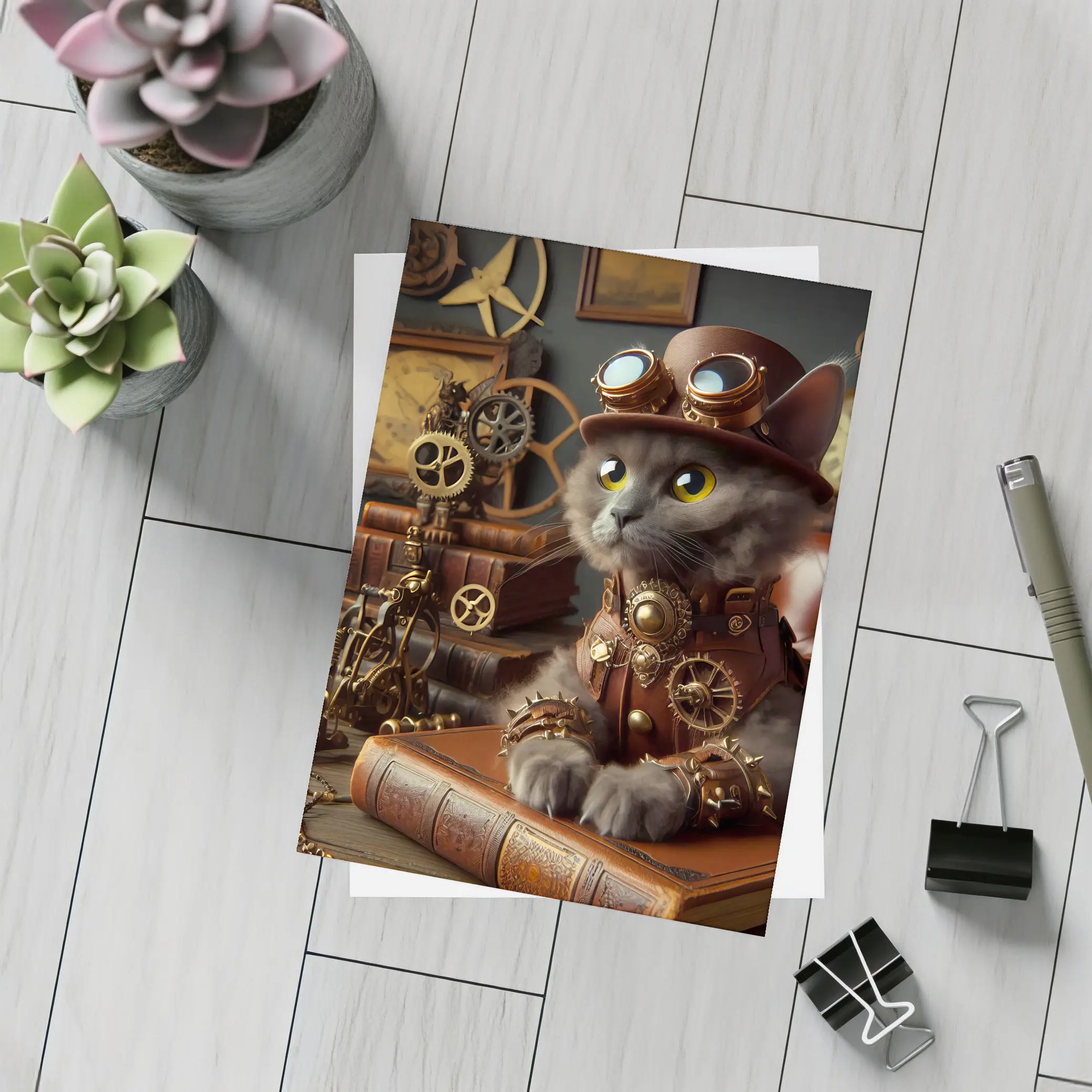 Gray Cat Steampunk Gears Vintage Study – Postcards