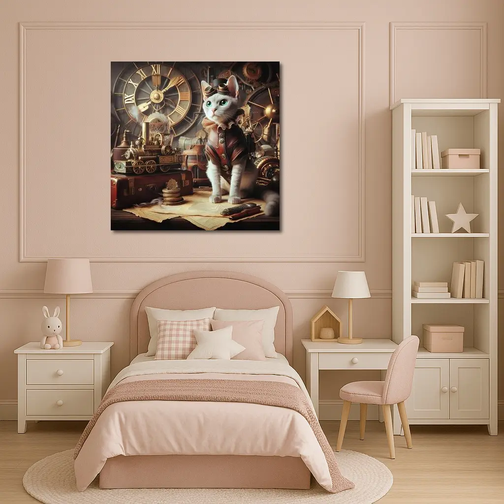 White Cat Steampunk Explorer Gears Clock – Wall Art