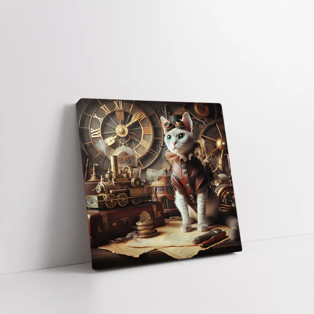 White Cat Steampunk Explorer Gears Clock – Wall Art