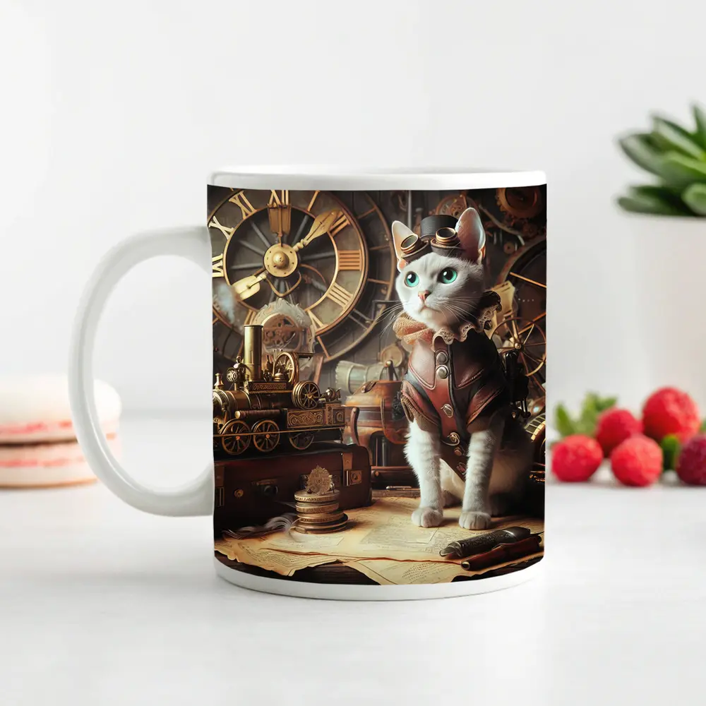 White Cat Steampunk Explorer Gears Clock – Mugs