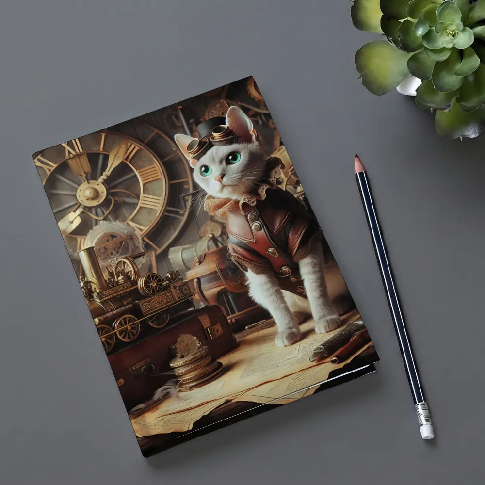 White Cat Steampunk Explorer Gears Clock – Notebooks