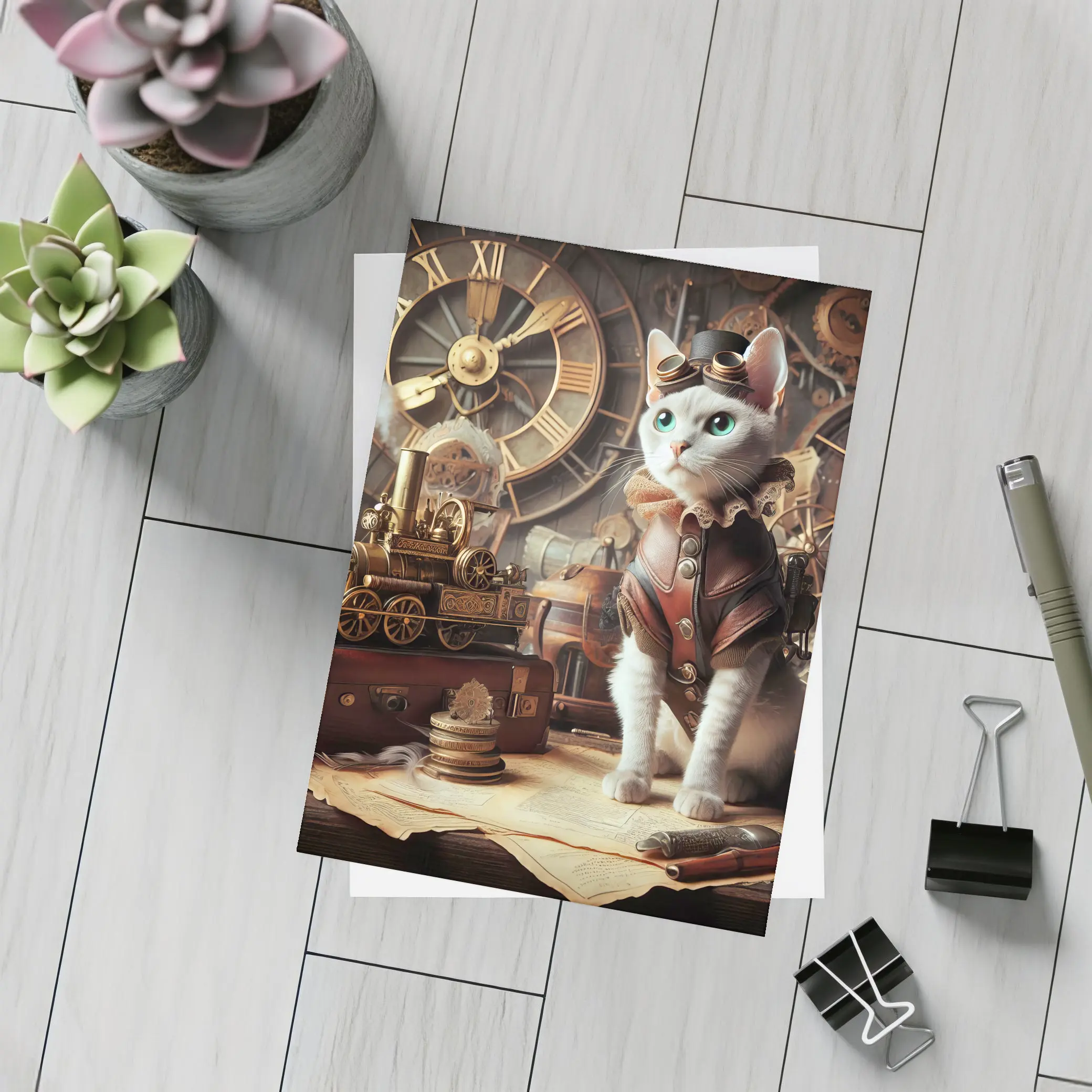 White Cat Steampunk Explorer Gears Clock – Postcards