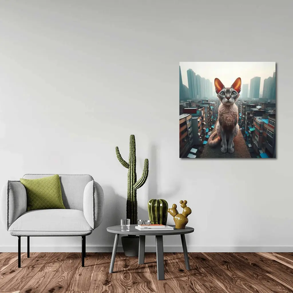 Devon Rex Cat Sitting Over City Skyline – Wall Art