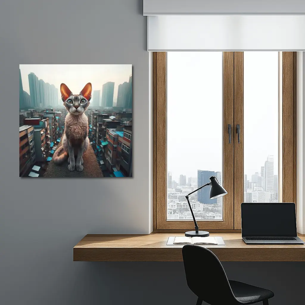 Devon Rex Cat Sitting Over City Skyline – Wall Art