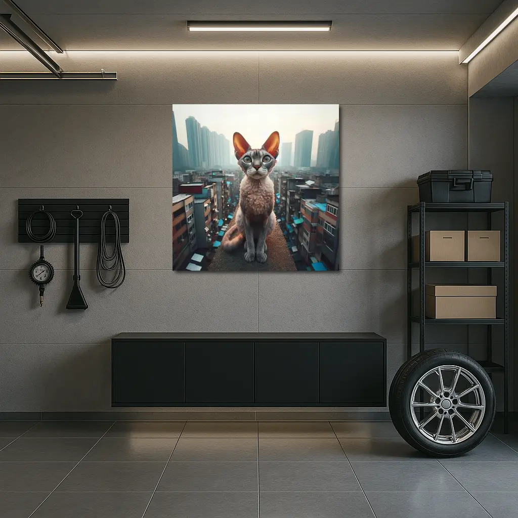 Devon Rex Cat Sitting Over City Skyline – Wall Art