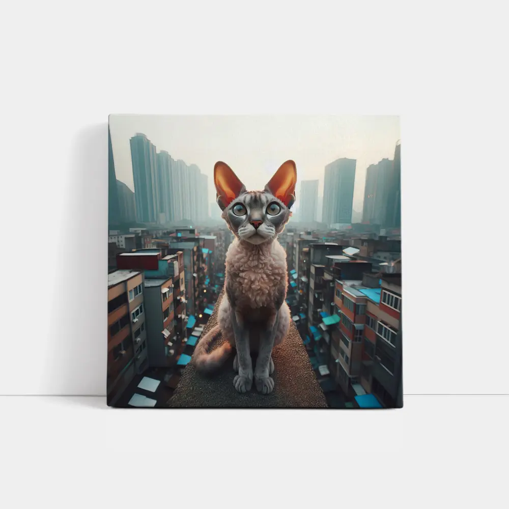Devon Rex Cat Sitting Over City Skyline – Wall Art