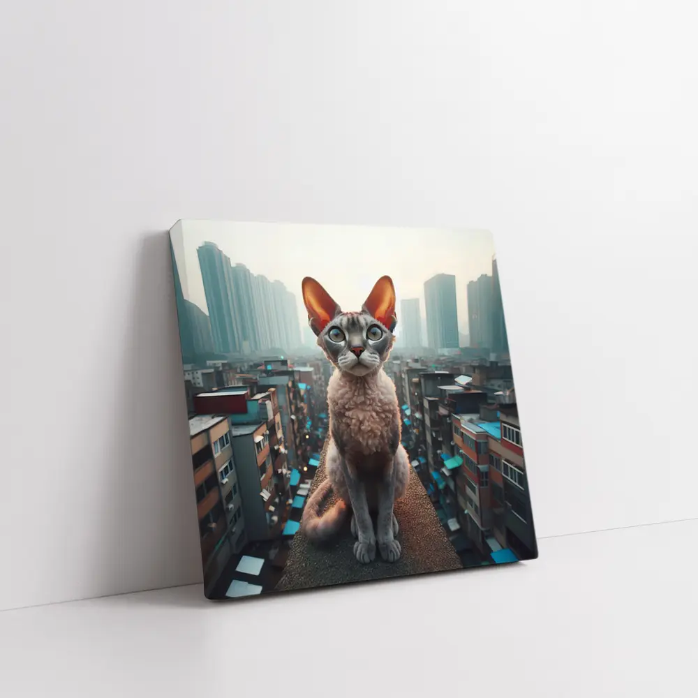 Devon Rex Cat Sitting Over City Skyline – Wall Art