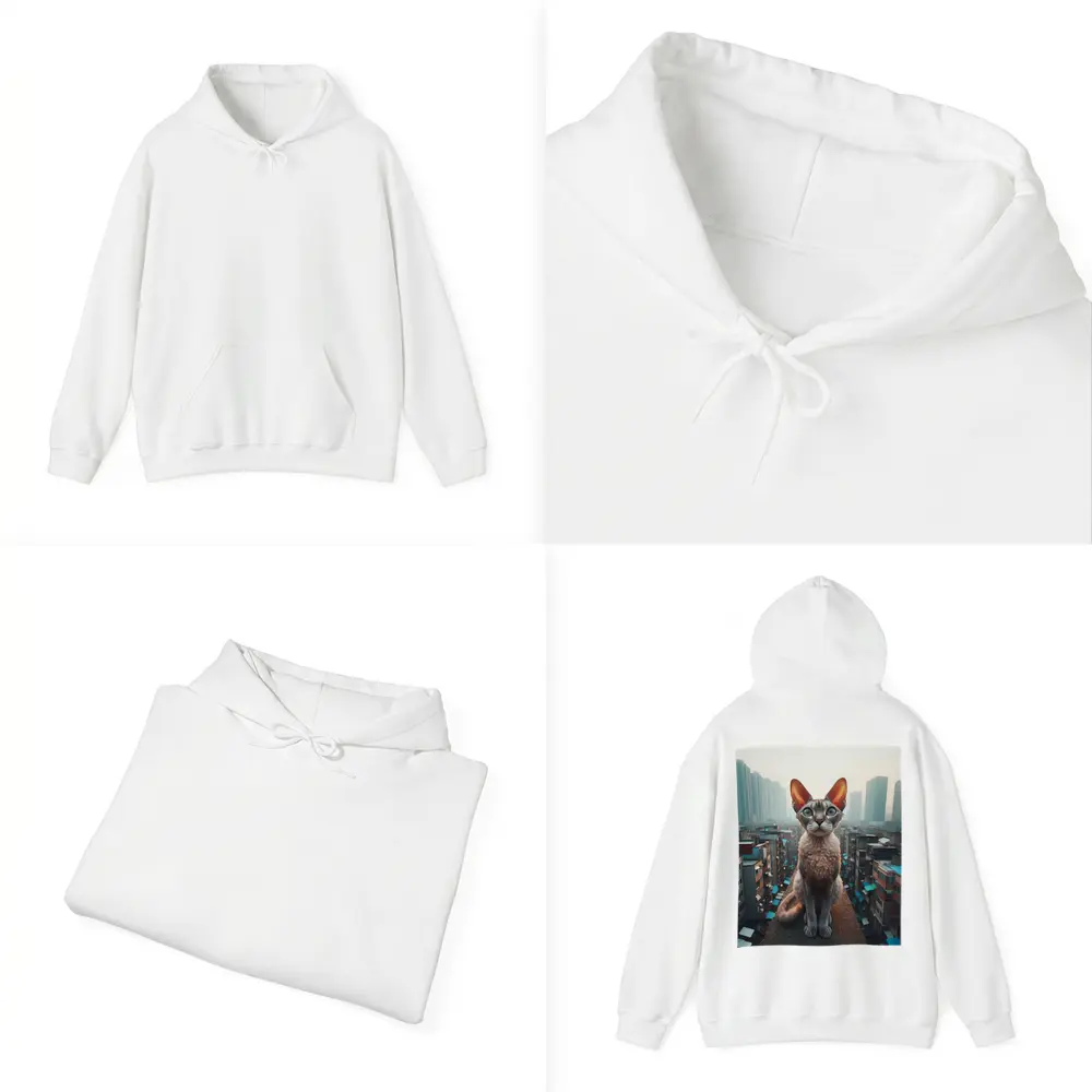 Devon Rex Cat Sitting Over City Skyline – Hoodies