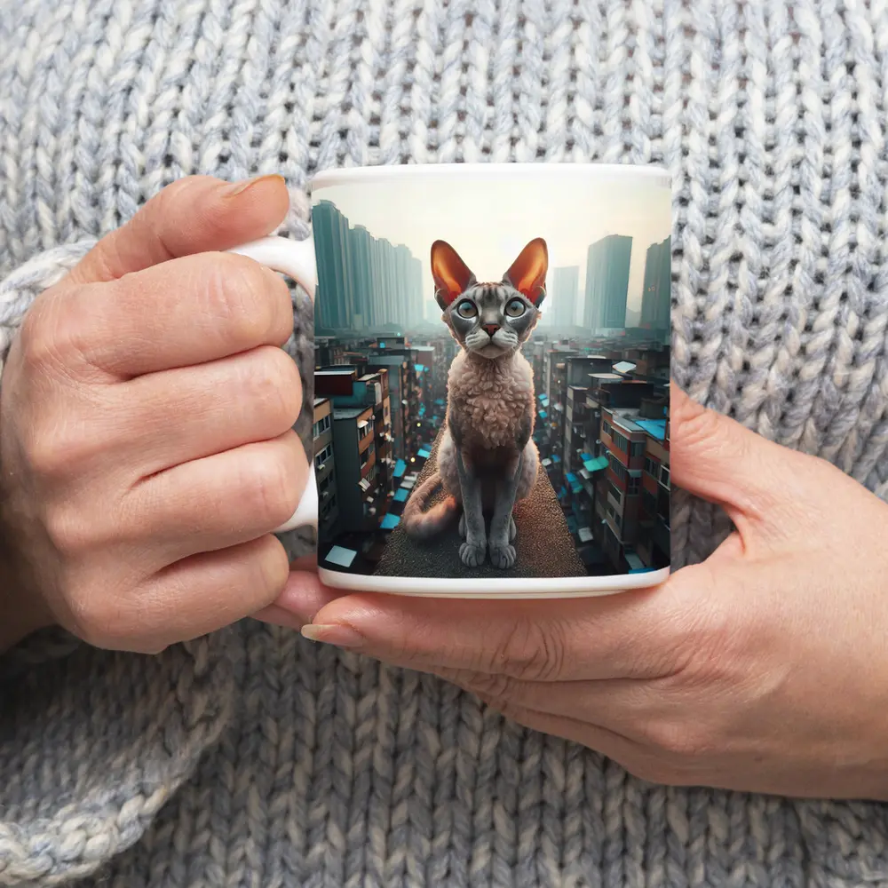 Devon Rex Cat Sitting Over City Skyline – Mugs